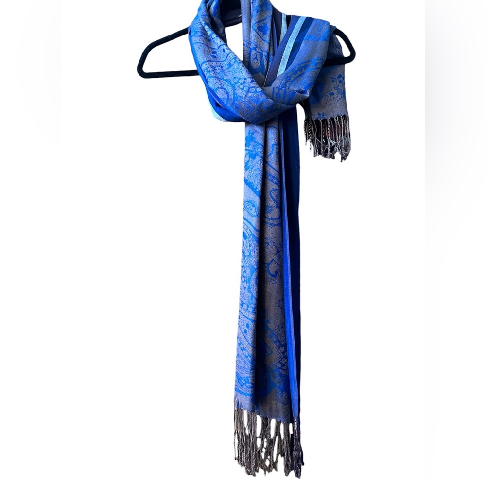 Beautiful blue gold paisley silver stripe pashmina scarf wrap shawl